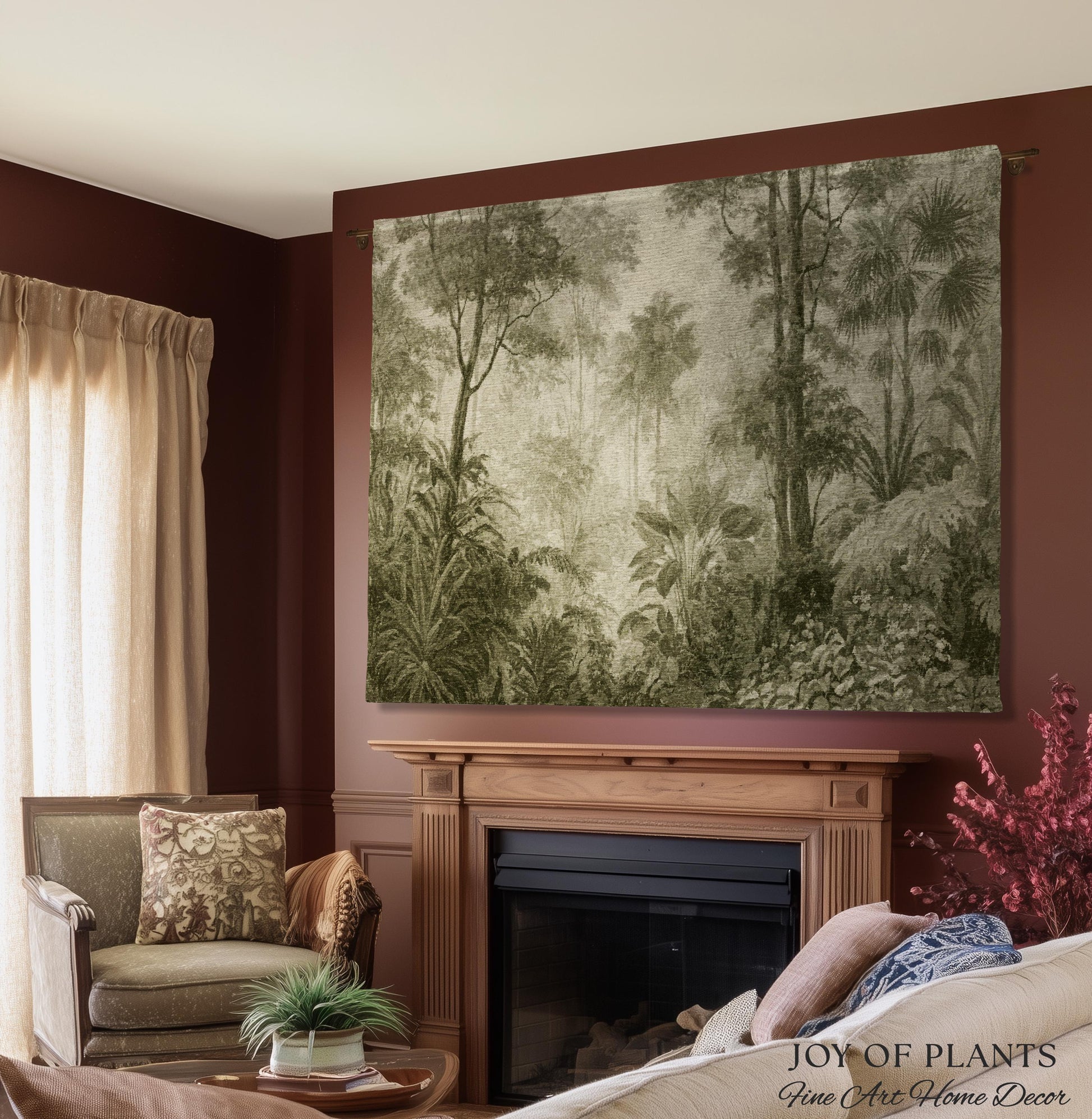 Misty Palm Jungle Monochrome Wall Textile | Vintage Naturalist Jungle Landscape Tapestry Olive Green Muted Tropical Woven Jacquard Throw
