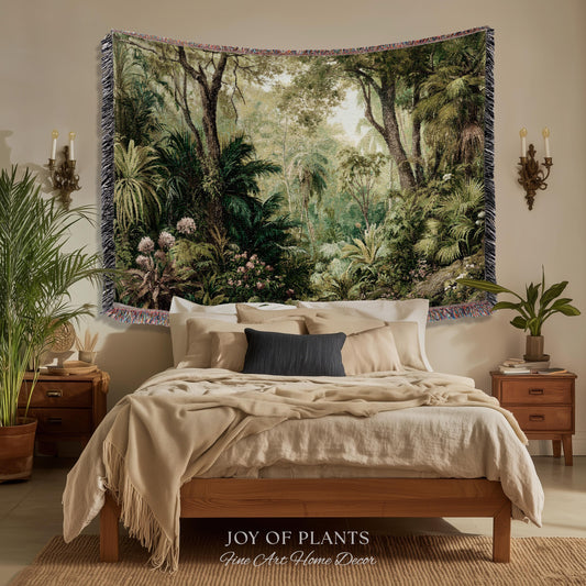 Lush Earthy Maximalist Tapestry | Verdure Woodland Scenery Woven Throw Blanket Jungle Botanical Foliage Vintage Nature Tropical Rainforest