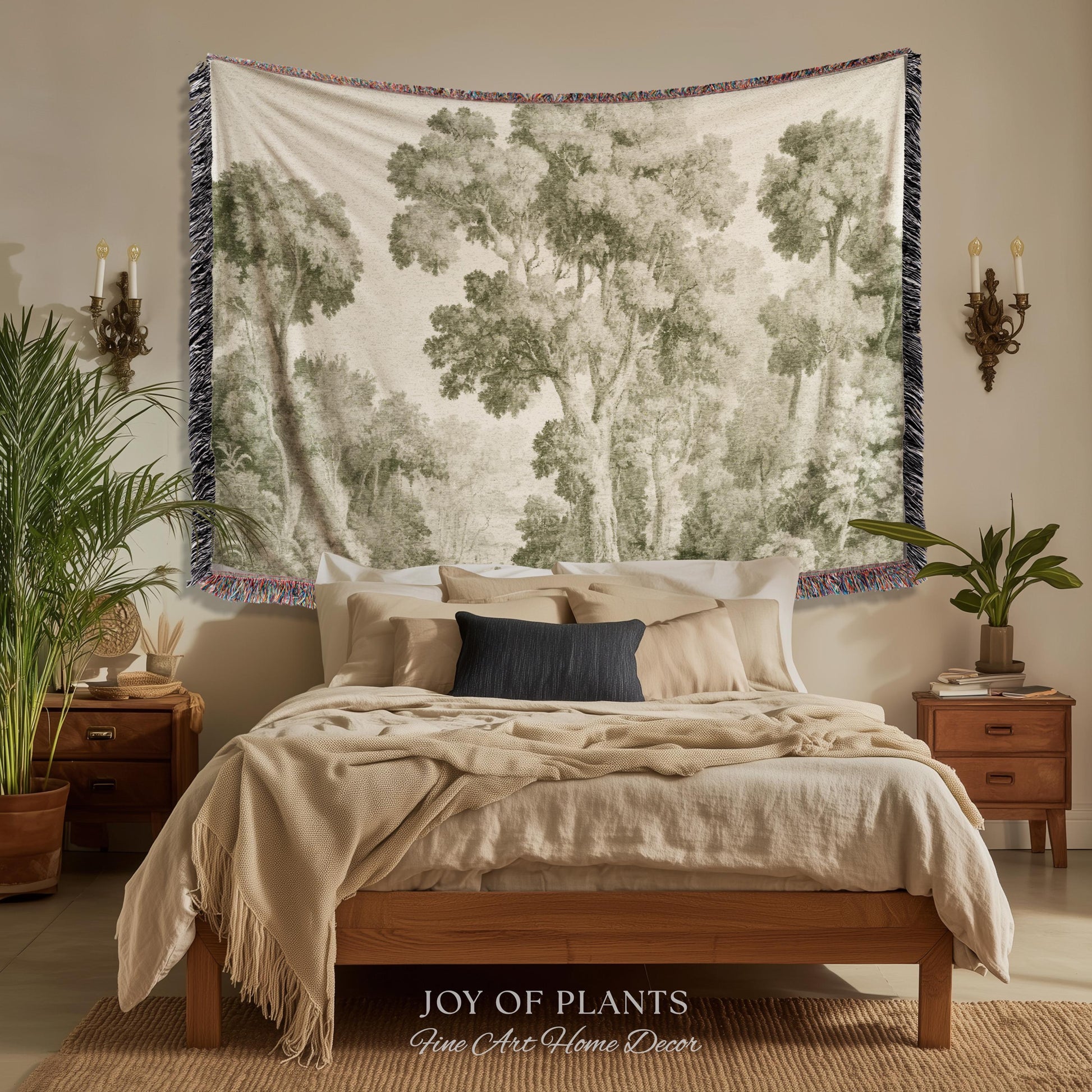 Subtle Botanical Timeless Wall Tapestry | Delicate Forest Woodland Textile Misty Arboretum Soft Countryside Pale Sage Green 19th Century