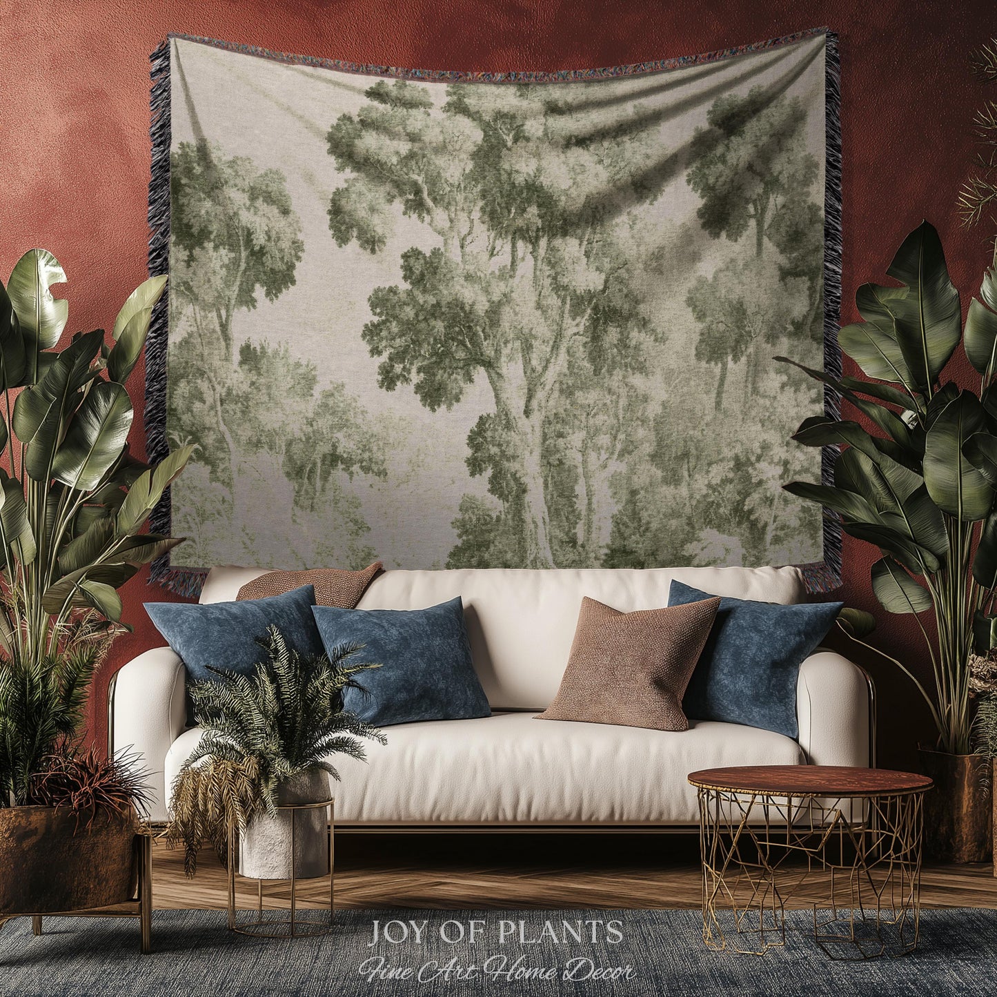 Subtle Botanical Timeless Wall Tapestry | Delicate Forest Woodland Textile Misty Arboretum Soft Countryside Pale Sage Green 19th Century