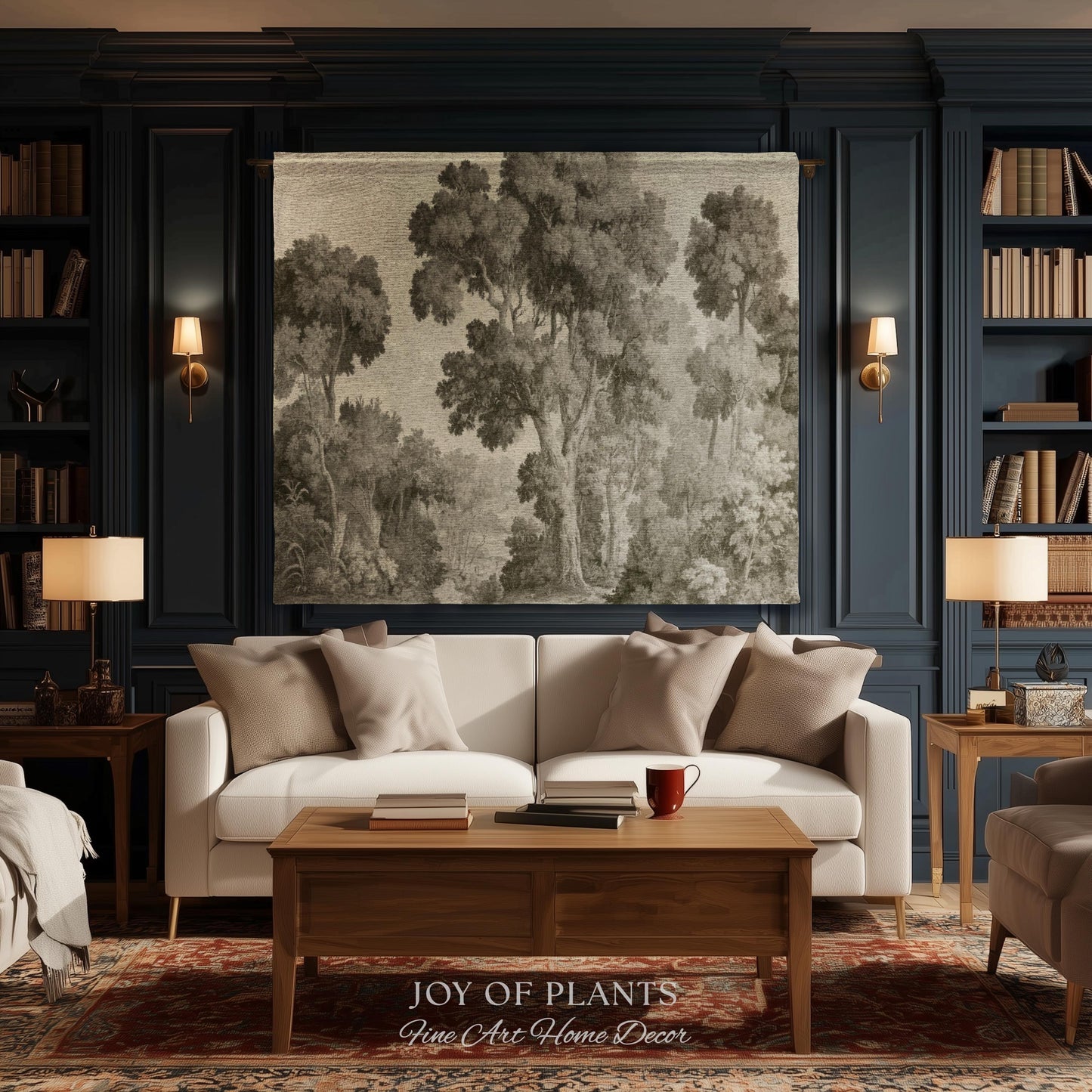Subtle Botanical Timeless Wall Tapestry | Delicate Forest Woodland Textile Misty Arboretum Soft Countryside Pale Sage Green 19th Century