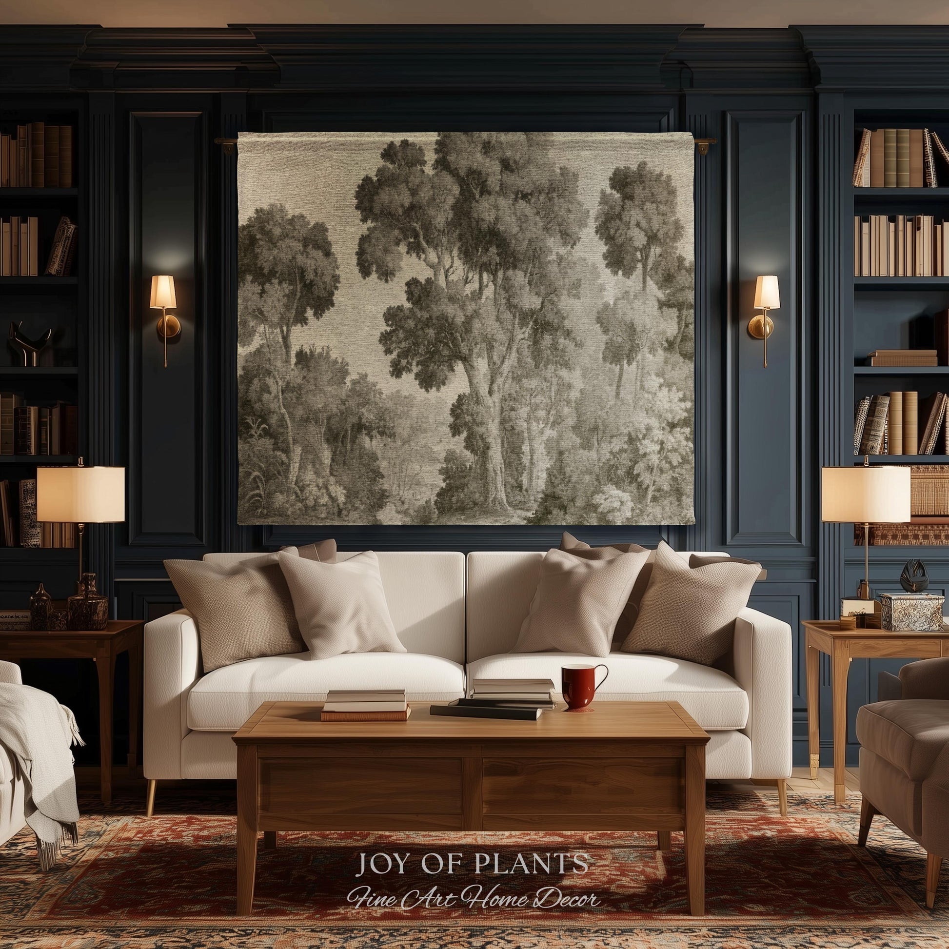 Subtle Botanical Timeless Wall Tapestry | Delicate Forest Woodland Textile Misty Arboretum Soft Countryside Pale Sage Green 19th Century