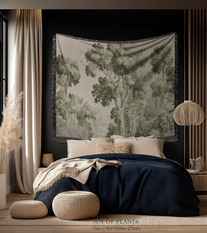 Subtle Botanical Timeless Wall Tapestry | Delicate Forest Woodland Textile Misty Arboretum Soft Countryside Pale Sage Green 19th Century