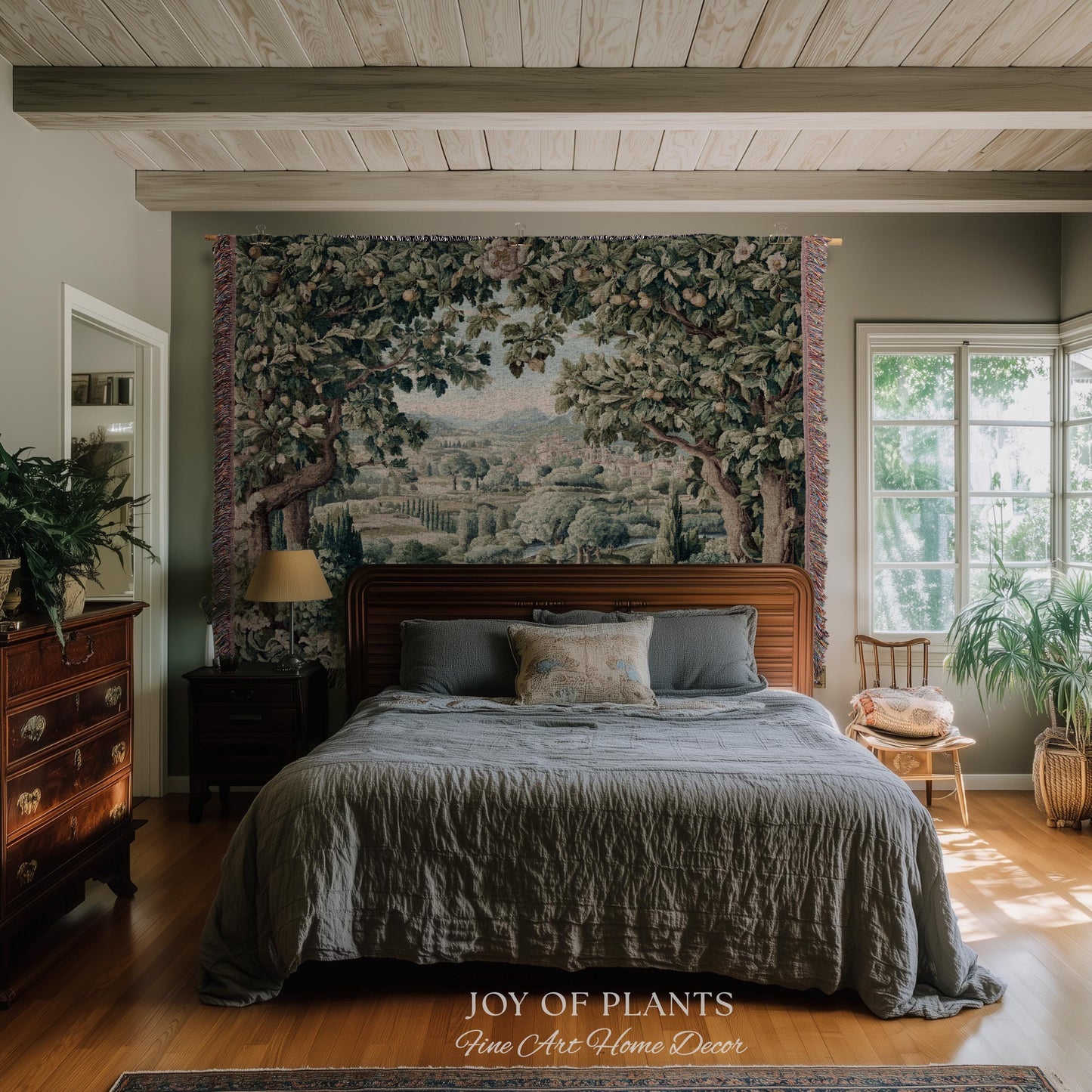 Pastoral Garden Estate Tapestry | Rustic Elegance Old World Woven Throw Blanket European Scenic Vista French Verdure Landscape Pastel Floral