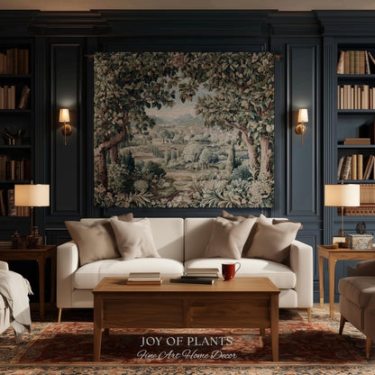 Pastoral Garden Estate Tapestry | Rustic Elegance Old World Woven Throw Blanket European Scenic Vista French Verdure Landscape Pastel Floral