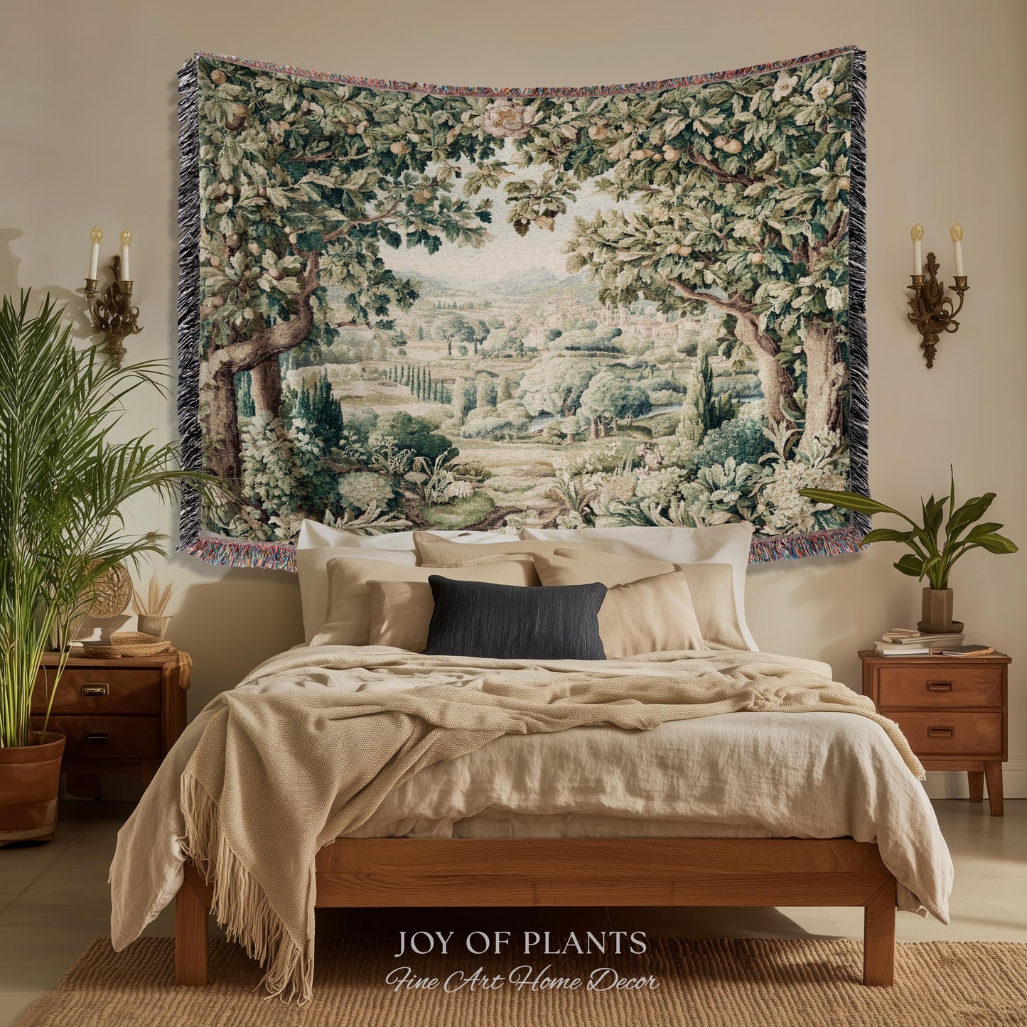 Pastoral Garden Estate Tapestry | Rustic Elegance Old World Woven Throw Blanket European Scenic Vista French Verdure Landscape Pastel Floral