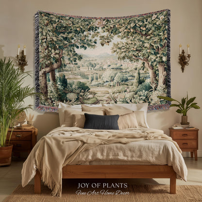 Pastoral Garden Estate Tapestry | Rustic Elegance Old World Woven Throw Blanket European Scenic Vista French Verdure Landscape Pastel Floral