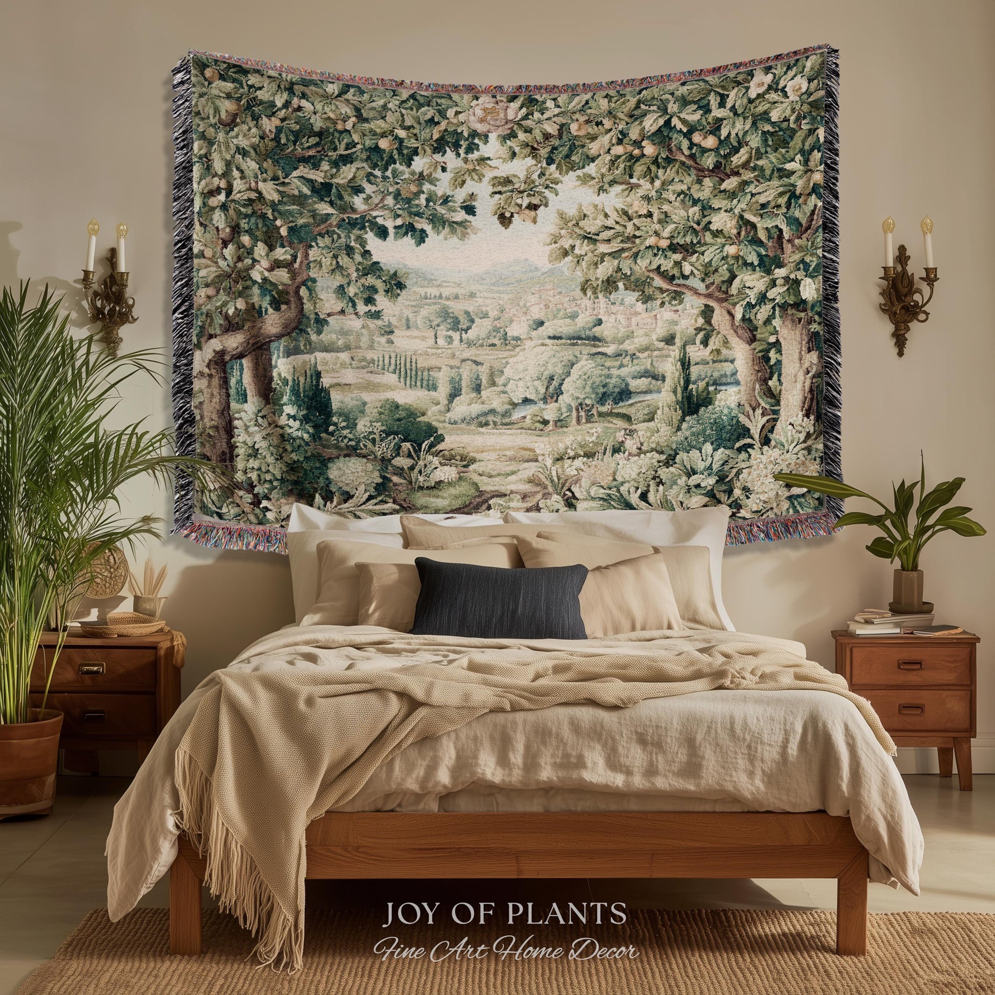 Pastoral Garden Estate Tapestry | Rustic Elegance Old World Woven Throw Blanket European Scenic Vista French Verdure Landscape Pastel Floral