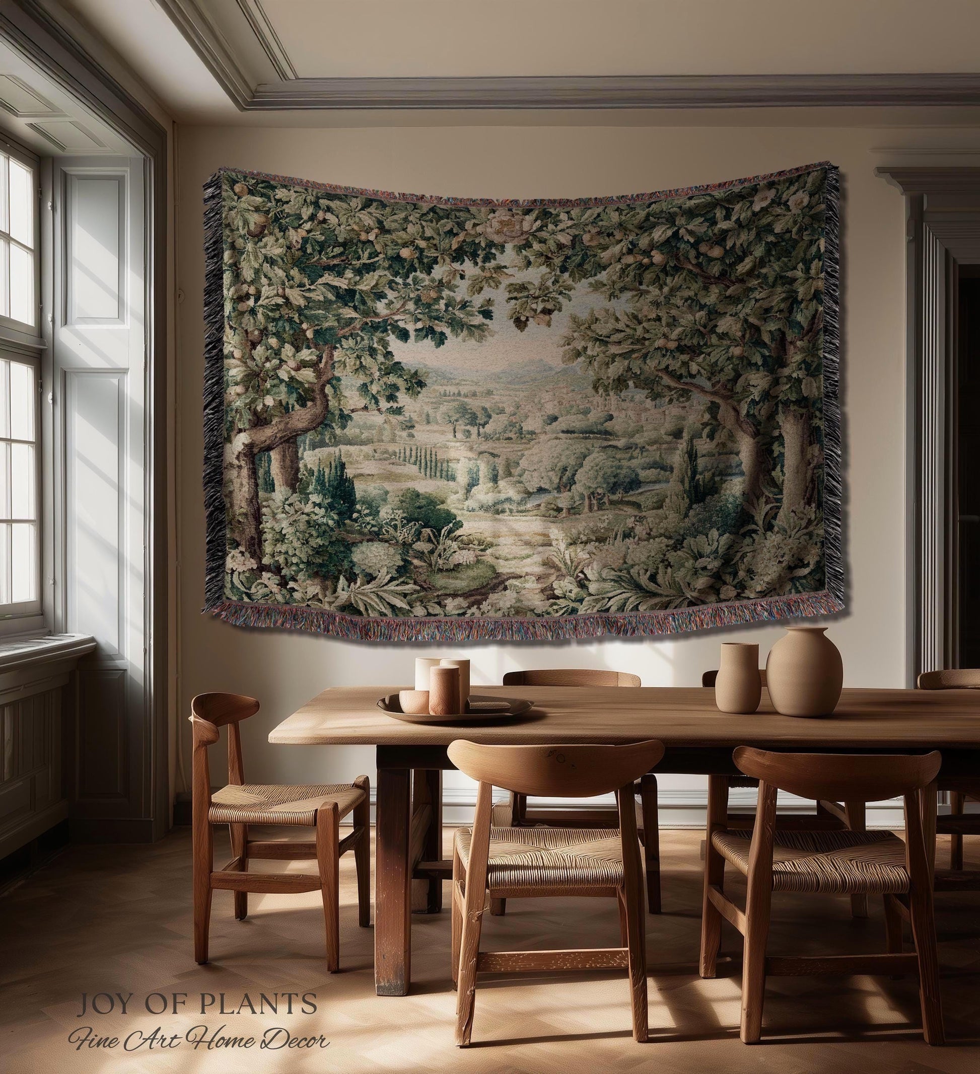Pastoral Garden Estate Tapestry | Rustic Elegance Old World Woven Throw Blanket European Scenic Vista French Verdure Landscape Pastel Floral