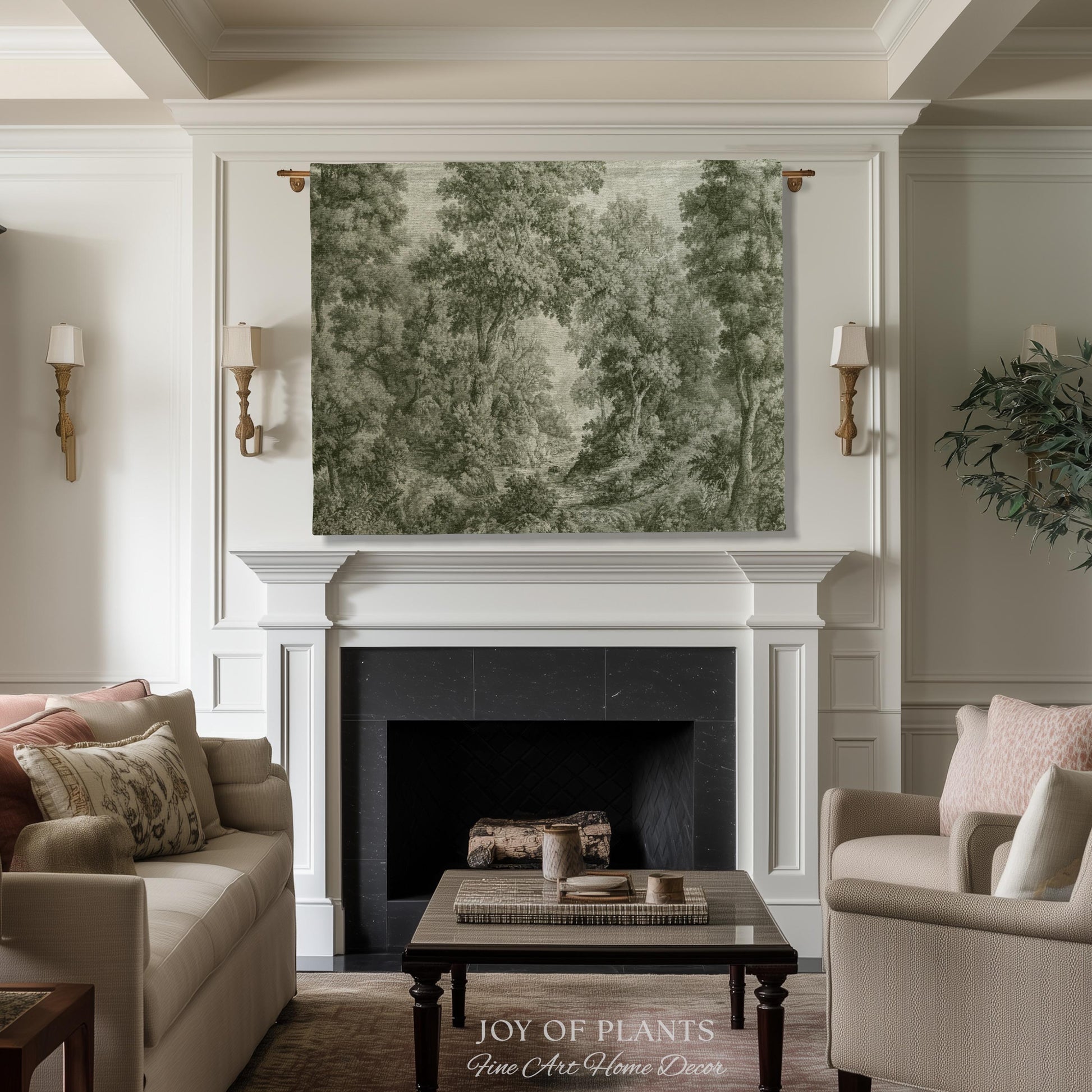 Quiet Wilderness Faded Green Verdure Tapestry | Tonal Landscape Romantic Victorian Naturalist Historic Monochrome Textile Pastoral Scenery