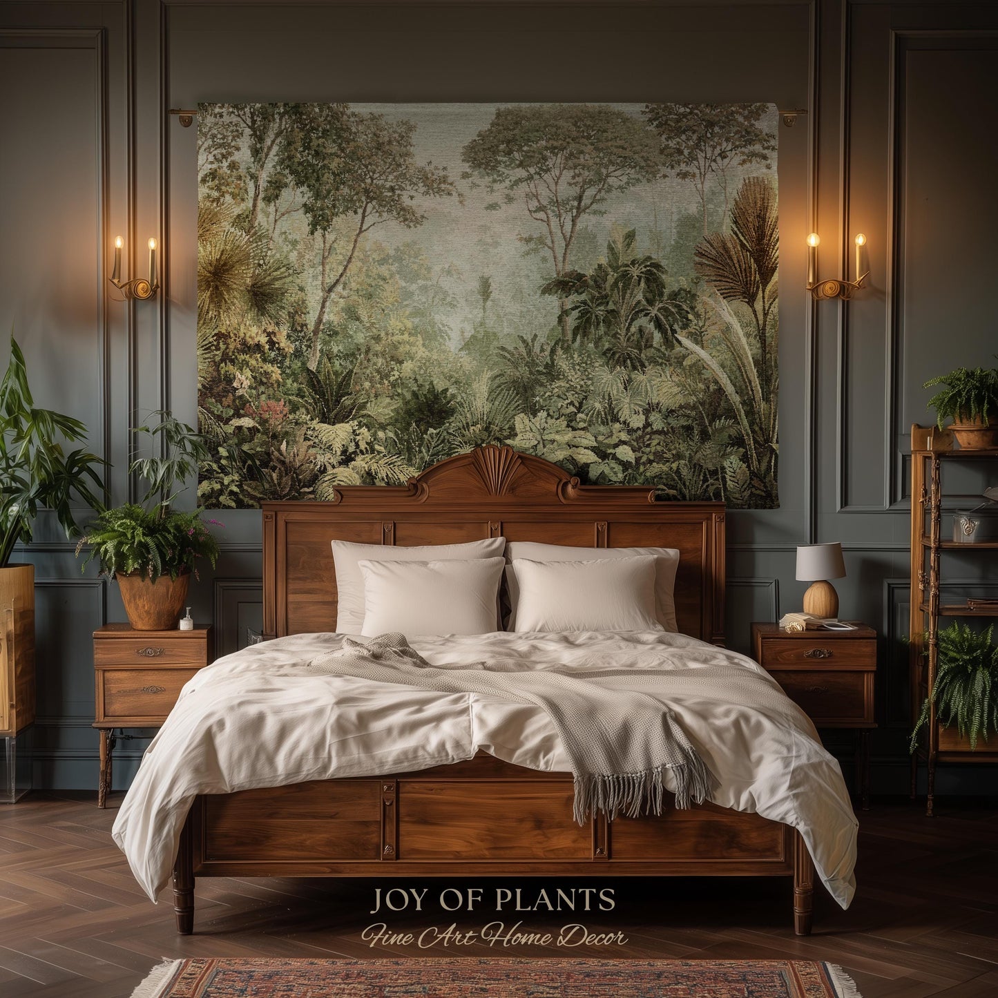 Old World Tropical Valley Woven Tapestry | Green Conservatory Naturalist Throw Blanket Verdure Landscape Victorian Botanical Classical Art
