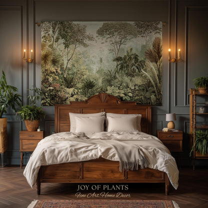Old World Tropical Valley Woven Tapestry | Green Conservatory Naturalist Throw Blanket Verdure Landscape Victorian Botanical Classical Art
