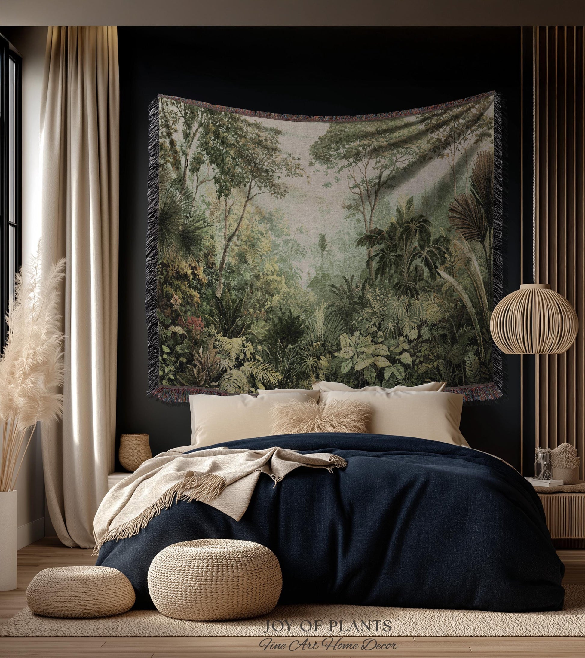 Old World Tropical Valley Woven Tapestry | Green Conservatory Naturalist Throw Blanket Verdure Landscape Victorian Botanical Classical Art
