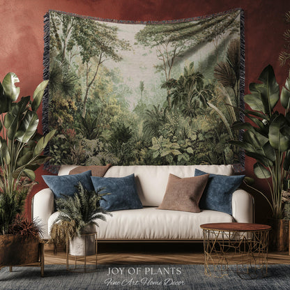 Old World Tropical Valley Woven Tapestry | Green Conservatory Naturalist Throw Blanket Verdure Landscape Victorian Botanical Classical Art