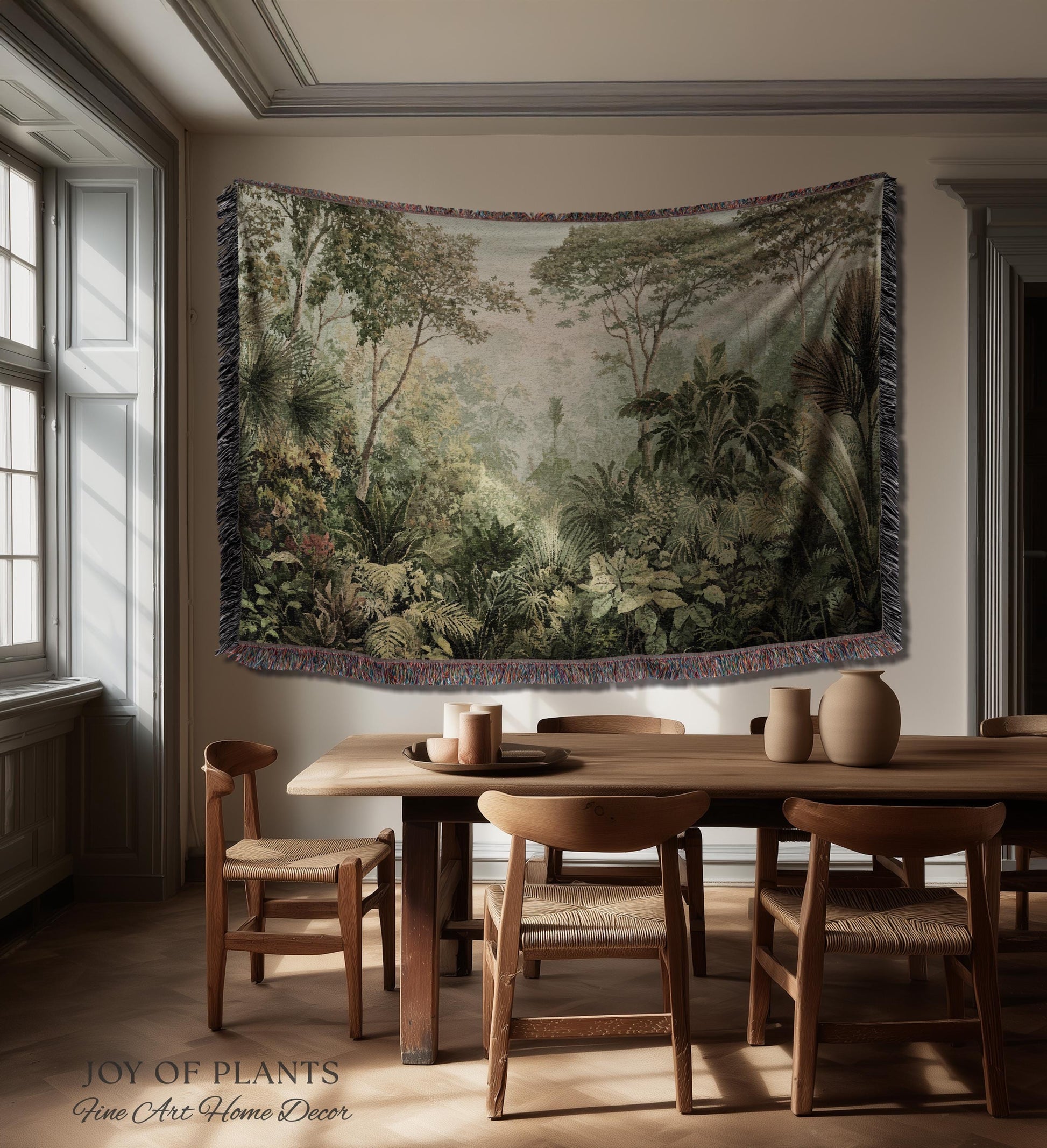 Old World Tropical Valley Woven Tapestry | Green Conservatory Naturalist Throw Blanket Verdure Landscape Victorian Botanical Classical Art