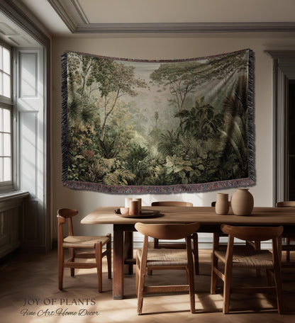 Old World Tropical Valley Woven Tapestry | Green Conservatory Naturalist Throw Blanket Verdure Landscape Victorian Botanical Classical Art