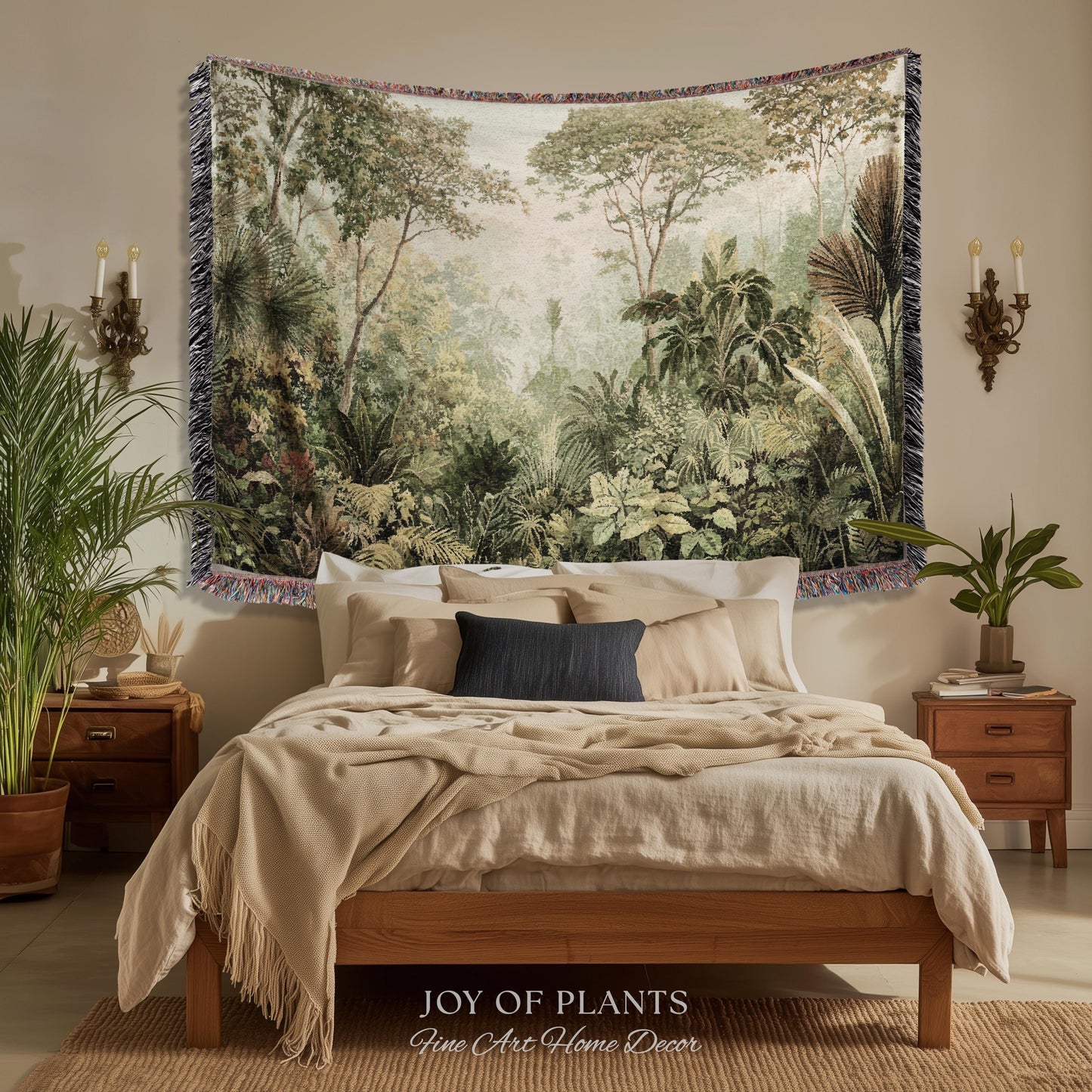 Old World Tropical Valley Woven Tapestry | Green Conservatory Naturalist Throw Blanket Verdure Landscape Victorian Botanical Classical Art