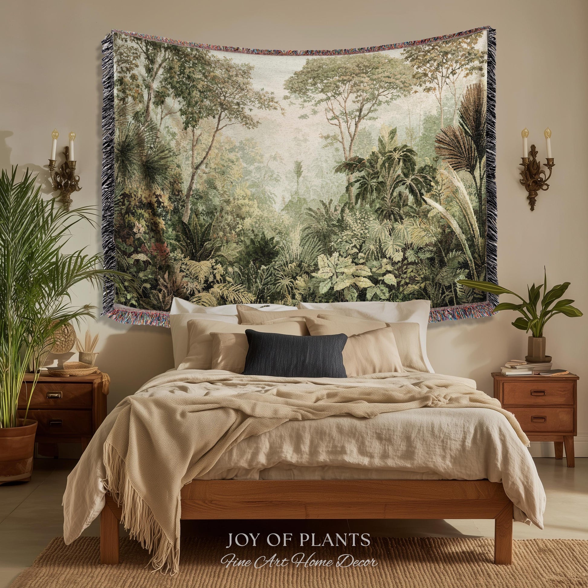 Old World Tropical Valley Woven Tapestry | Green Conservatory Naturalist Throw Blanket Verdure Landscape Victorian Botanical Classical Art