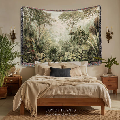 Old World Tropical Valley Woven Tapestry | Green Conservatory Naturalist Throw Blanket Verdure Landscape Victorian Botanical Classical Art