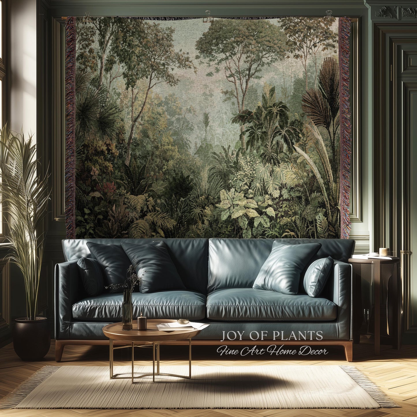 Old World Tropical Valley Woven Tapestry | Green Conservatory Naturalist Throw Blanket Verdure Landscape Victorian Botanical Classical Art
