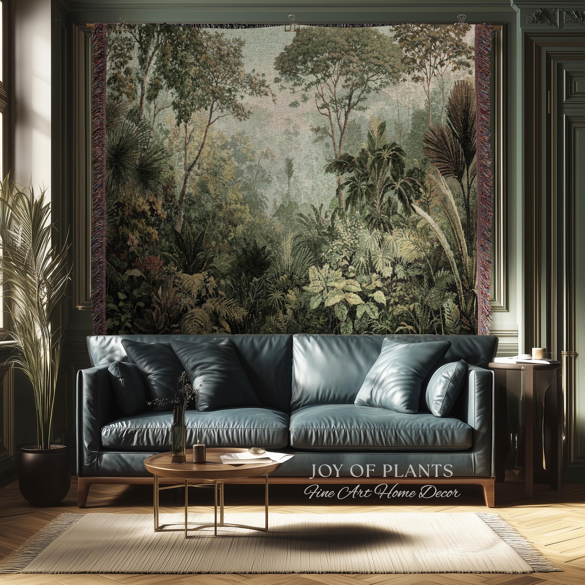 Old World Tropical Valley Woven Tapestry | Green Conservatory Naturalist Throw Blanket Verdure Landscape Victorian Botanical Classical Art