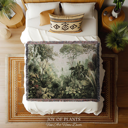 Old World Tropical Valley Woven Tapestry | Green Conservatory Naturalist Throw Blanket Verdure Landscape Victorian Botanical Classical Art