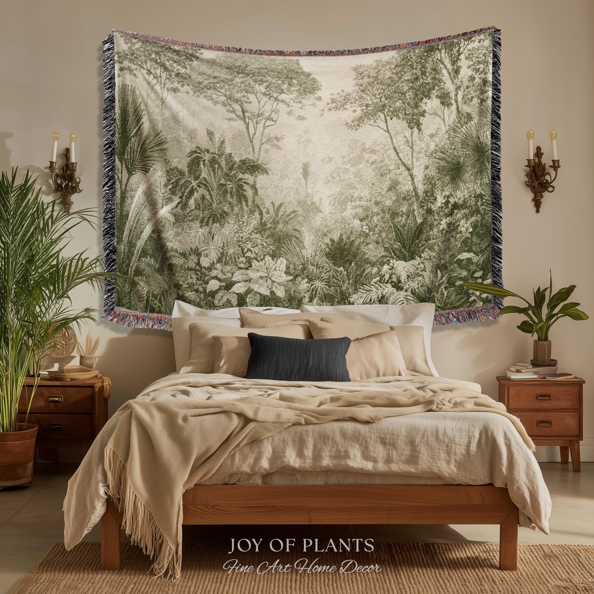 Overgrown Wilderness Botanical Tapestry | Monochrome Sage Green Natural History Misty Tropical European Conservatory Wall Textile Jacquard