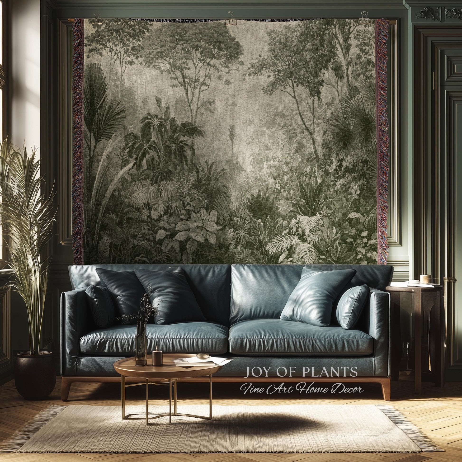 Overgrown Wilderness Botanical Tapestry | Monochrome Sage Green Natural History Misty Tropical European Conservatory Wall Textile Jacquard