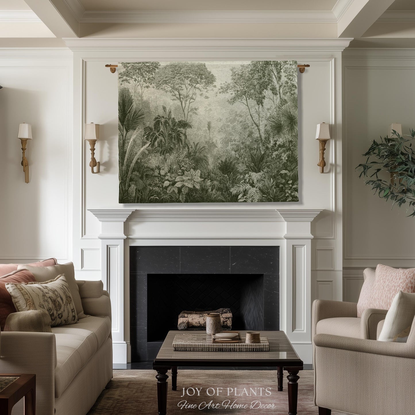 Overgrown Wilderness Botanical Tapestry | Monochrome Sage Green Natural History Misty Tropical European Conservatory Wall Textile Jacquard