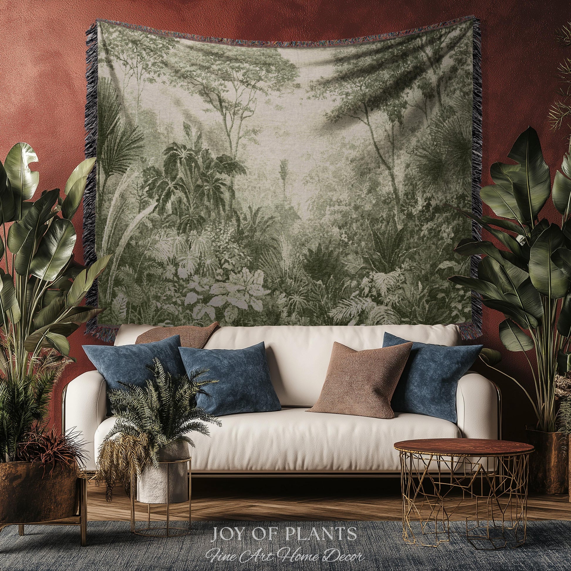 Overgrown Wilderness Botanical Tapestry | Monochrome Sage Green Natural History Misty Tropical European Conservatory Wall Textile Jacquard