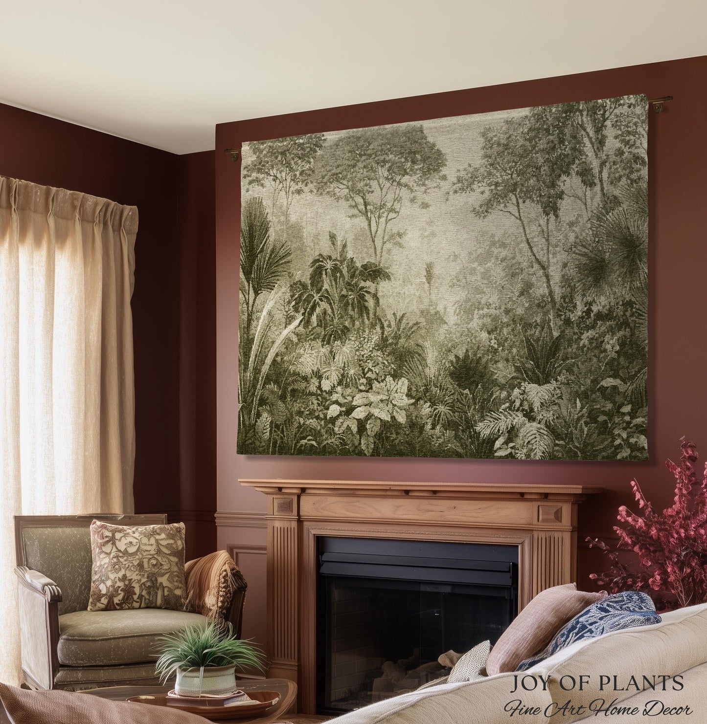 Overgrown Wilderness Botanical Tapestry | Monochrome Sage Green Natural History Misty Tropical European Conservatory Wall Textile Jacquard