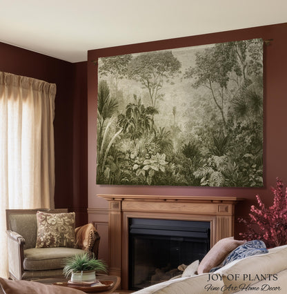 Overgrown Wilderness Botanical Tapestry | Monochrome Sage Green Natural History Misty Tropical European Conservatory Wall Textile Jacquard