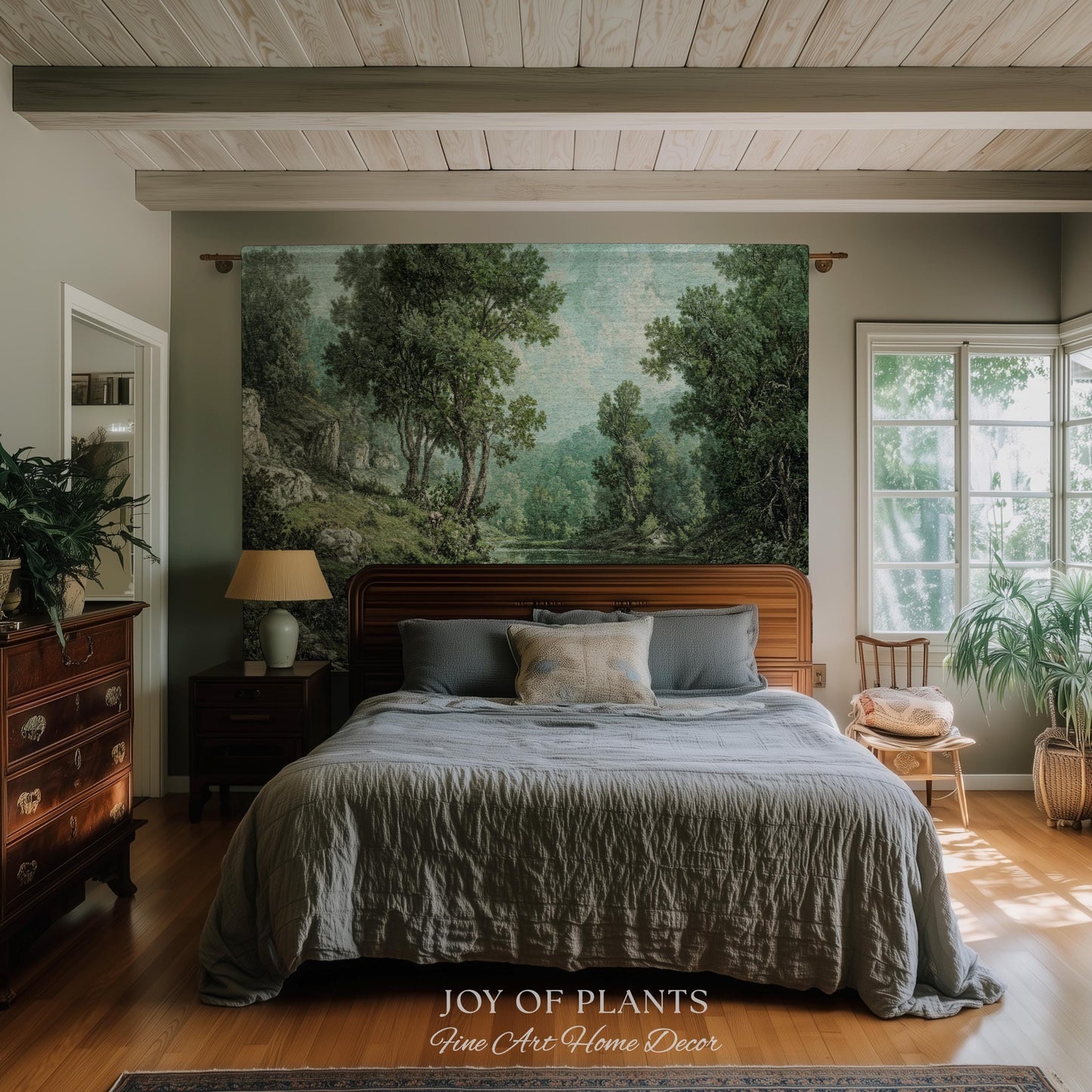 Tranquil Wilderness Verdant River Tapestry | Old World Countryside Throw Blanket Timeless Wall Art Woven Verdure Forest Woodland Landscape