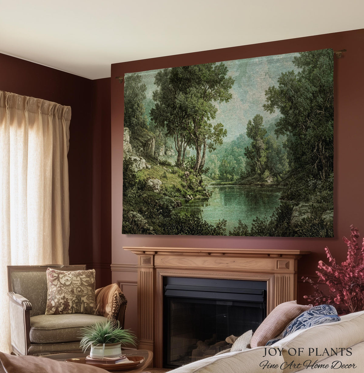 Tranquil Wilderness Verdant River Tapestry | Old World Countryside Throw Blanket Timeless Wall Art Woven Verdure Forest Woodland Landscape