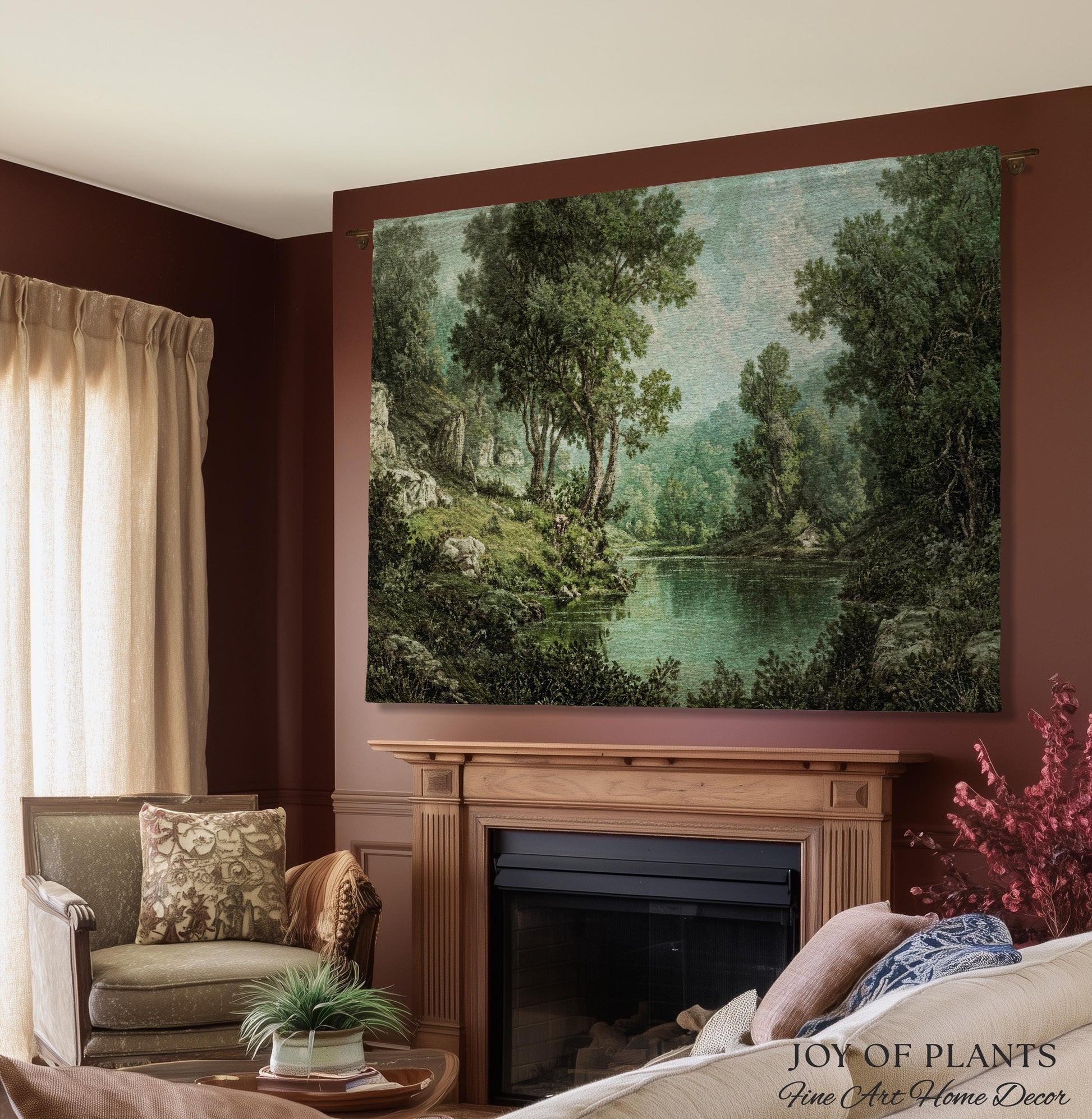 Tranquil Wilderness Verdant River Tapestry | Old World Countryside Throw Blanket Timeless Wall Art Woven Verdure Forest Woodland Landscape