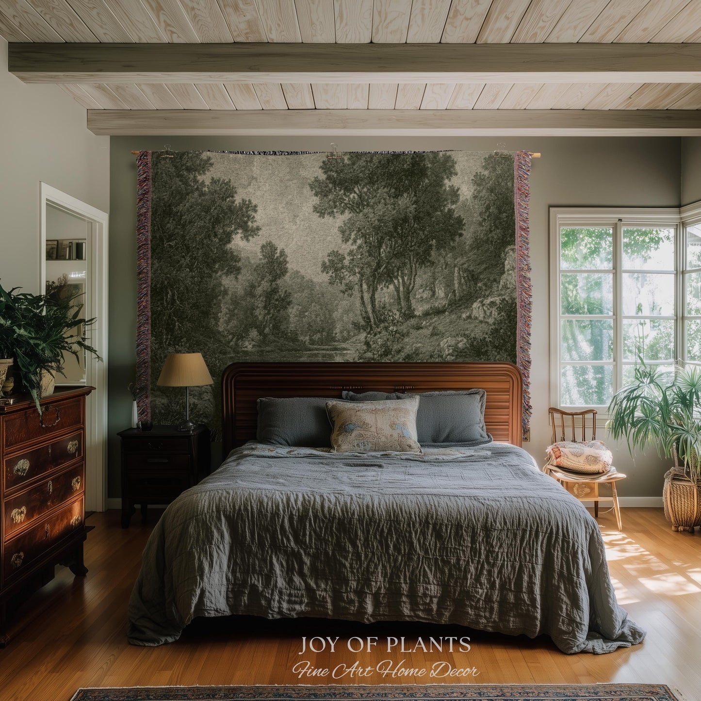 Old European Olive Green Woven Tapestry | Tonalist Lake Artwork Faded Forest Landscape Soft Monochrome Elegant Understated Estate Wall Art