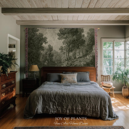 Old European Olive Green Woven Tapestry | Tonalist Lake Artwork Faded Forest Landscape Soft Monochrome Elegant Understated Estate Wall Art