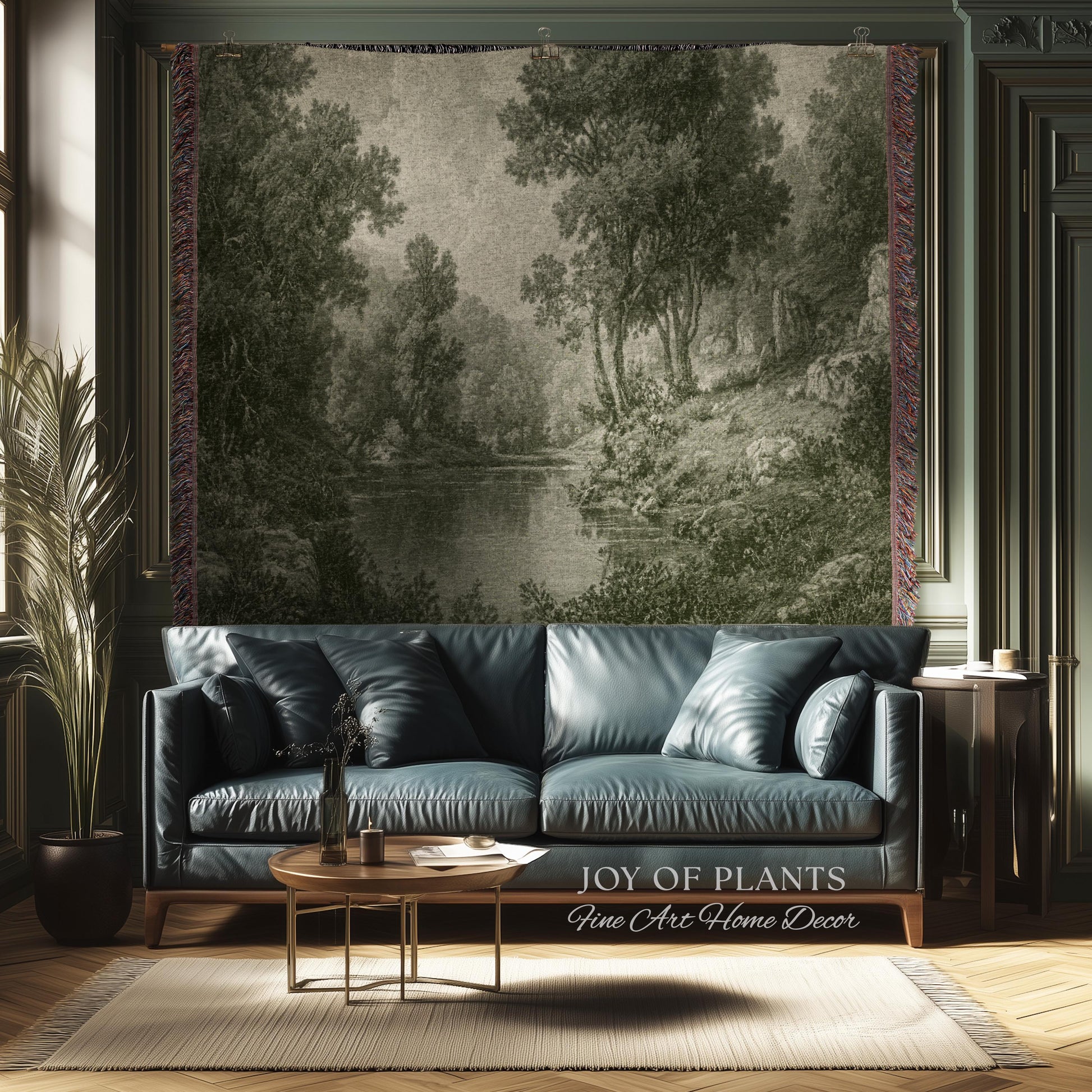 Old European Olive Green Woven Tapestry | Tonalist Lake Artwork Faded Forest Landscape Soft Monochrome Elegant Understated Estate Wall Art
