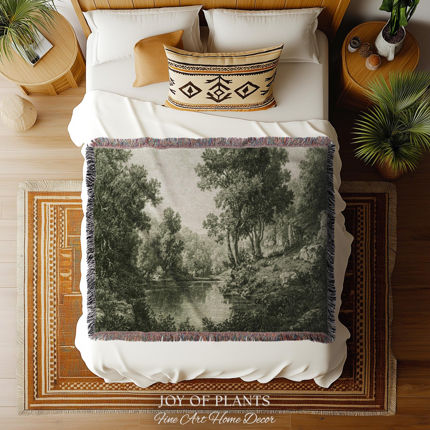 Old European Olive Green Woven Tapestry | Tonalist Lake Artwork Faded Forest Landscape Soft Monochrome Elegant Understated Estate Wall Art