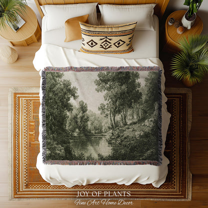 Old European Olive Green Woven Tapestry | Tonalist Lake Artwork Faded Forest Landscape Soft Monochrome Elegant Understated Estate Wall Art