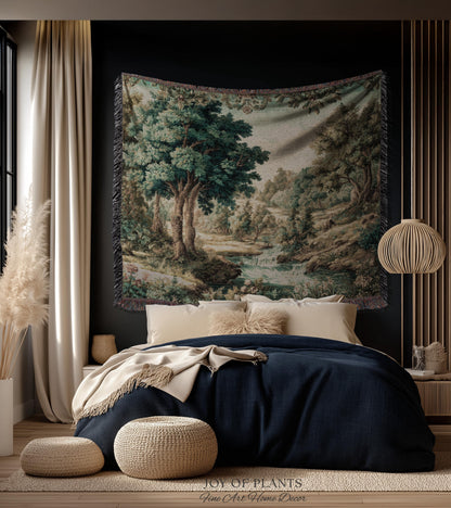 Idyllic Landscape Verdure Tapestry | Faded Botanical Elegant Verdure European Countryside Soft Verdant Woven Throw Blanket Classic Victorian