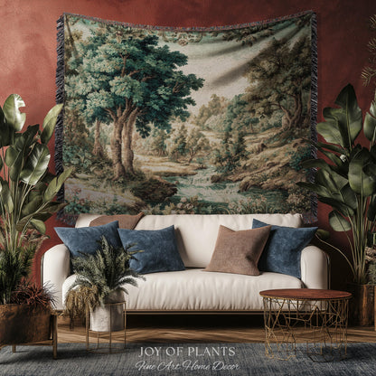 Idyllic Landscape Verdure Tapestry | Faded Botanical Elegant Verdure European Countryside Soft Verdant Woven Throw Blanket Classic Victorian