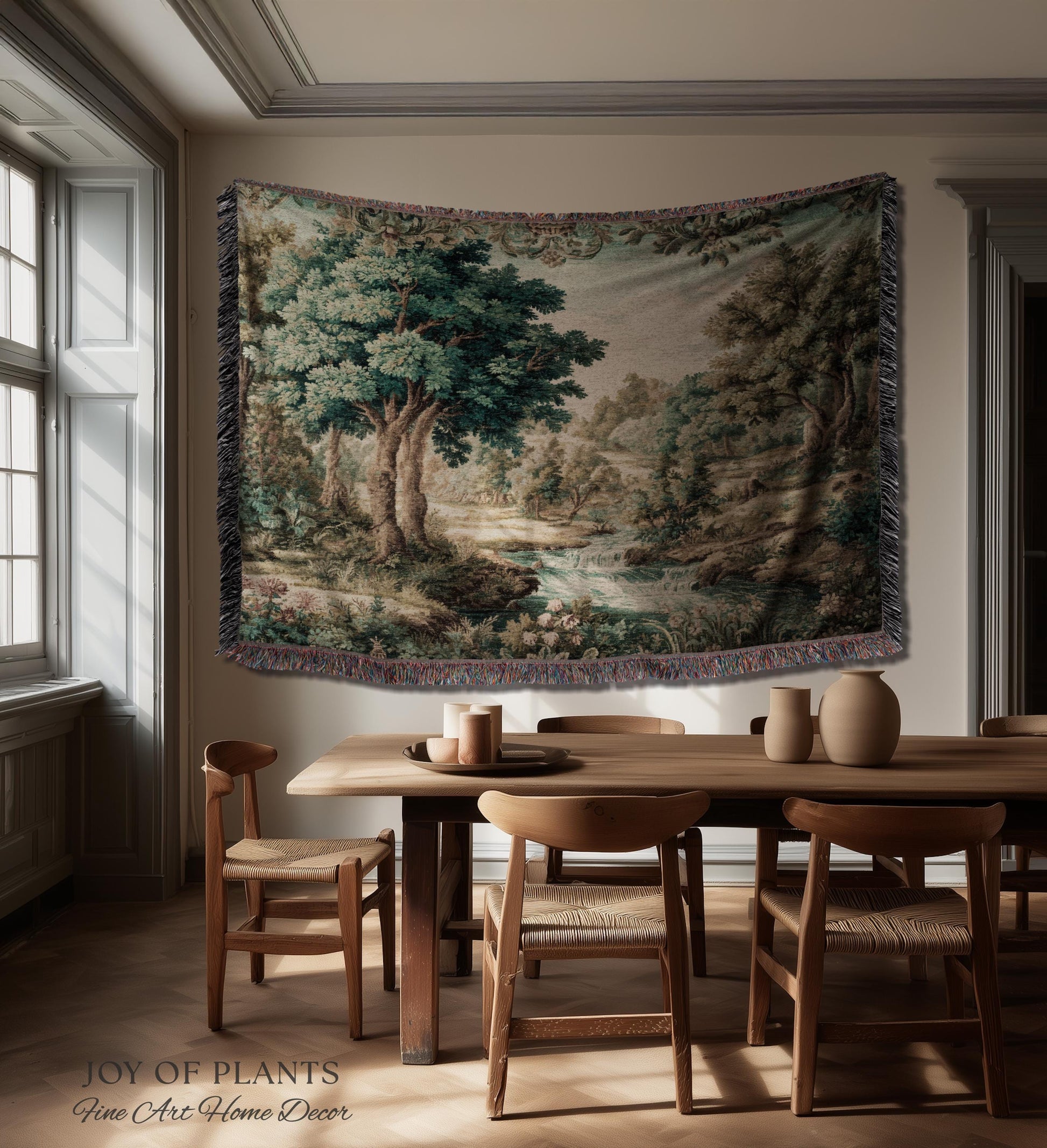 Idyllic Landscape Verdure Tapestry | Faded Botanical Elegant Verdure European Countryside Soft Verdant Woven Throw Blanket Classic Victorian