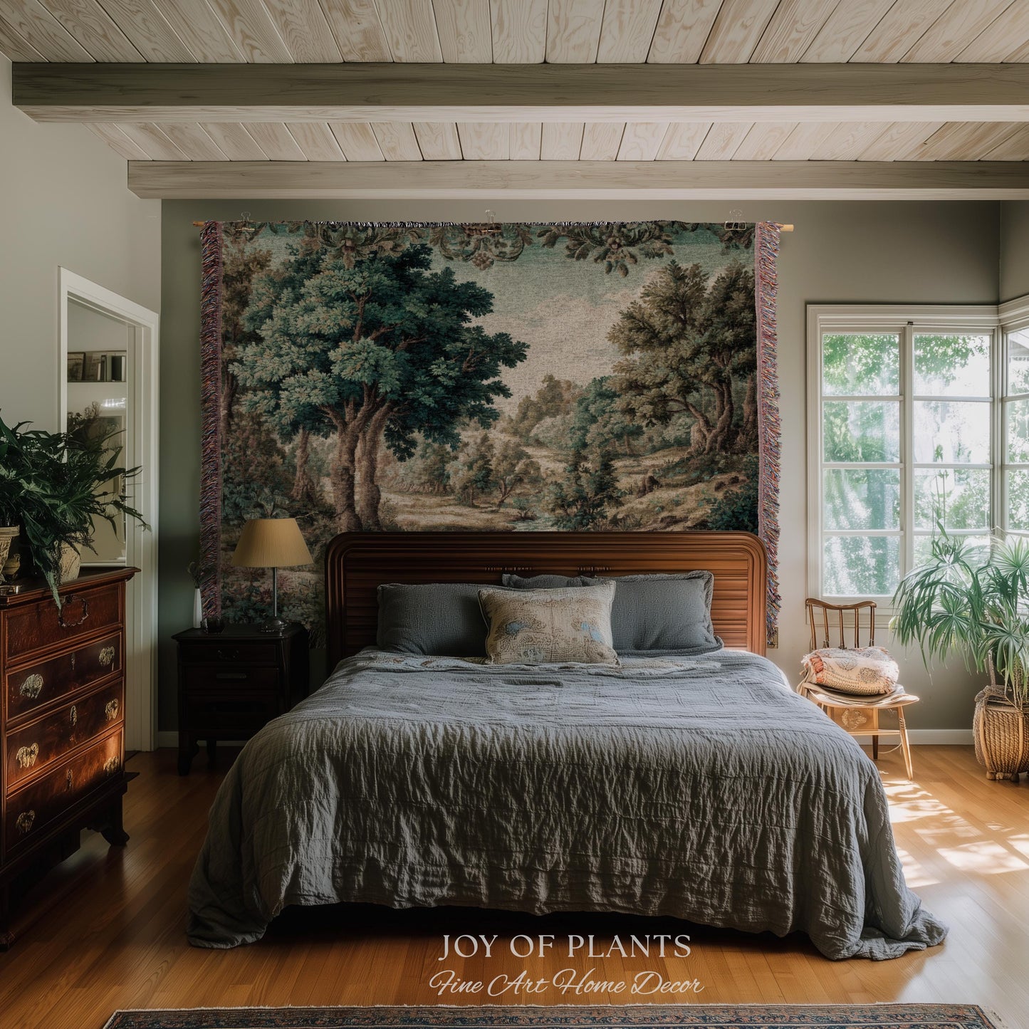 Idyllic Landscape Verdure Tapestry | Faded Botanical Elegant Verdure European Countryside Soft Verdant Woven Throw Blanket Classic Victorian
