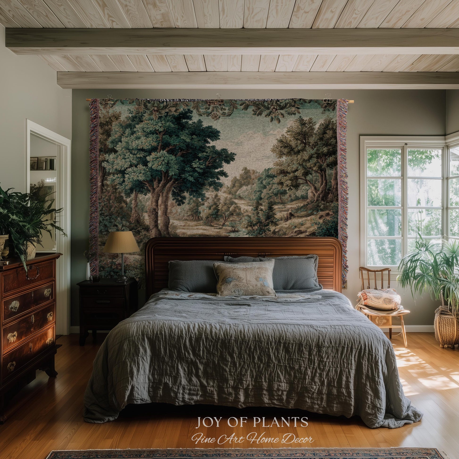 Idyllic Landscape Verdure Tapestry | Faded Botanical Elegant Verdure European Countryside Soft Verdant Woven Throw Blanket Classic Victorian
