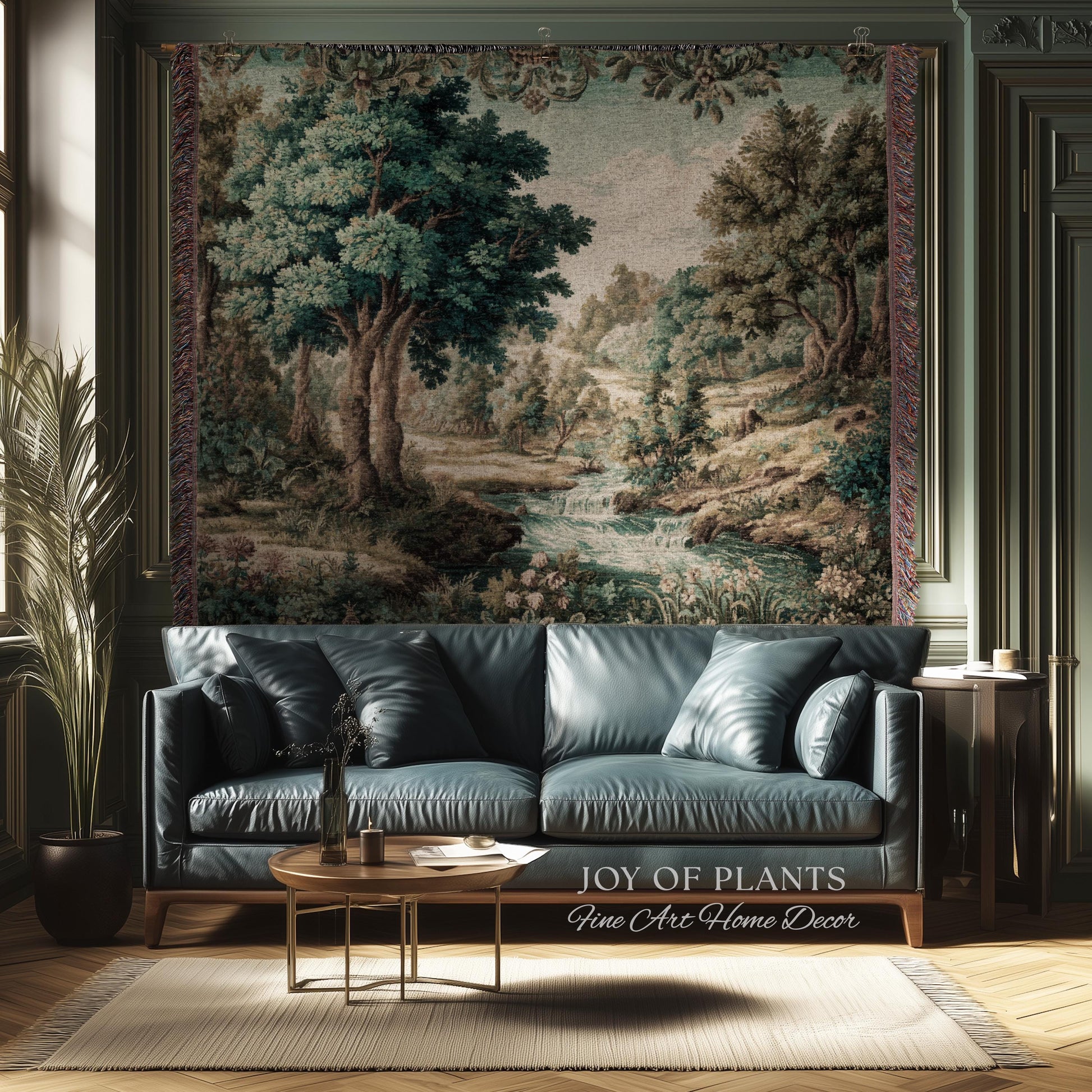 Idyllic Landscape Verdure Tapestry | Faded Botanical Elegant Verdure European Countryside Soft Verdant Woven Throw Blanket Classic Victorian