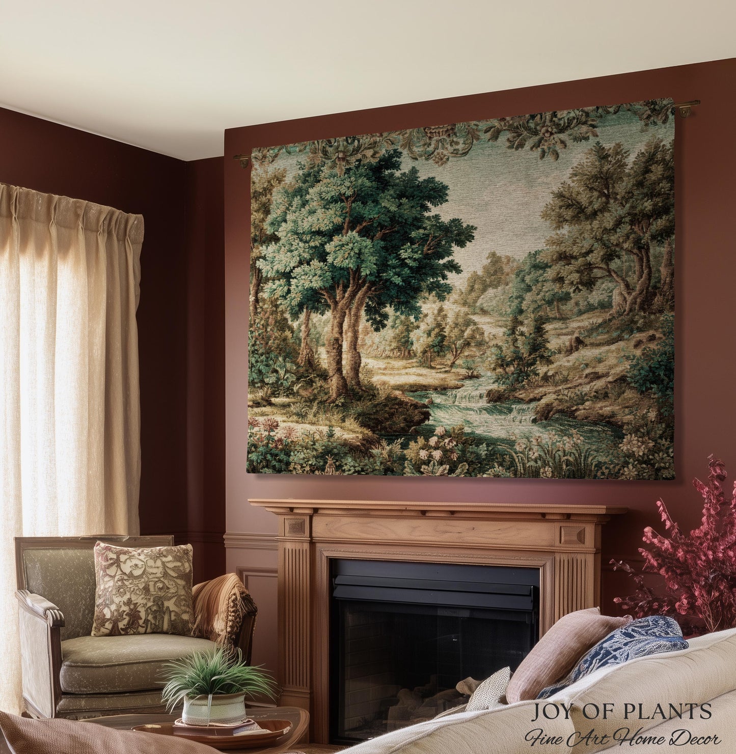 Idyllic Landscape Verdure Tapestry | Faded Botanical Elegant Verdure European Countryside Soft Verdant Woven Throw Blanket Classic Victorian