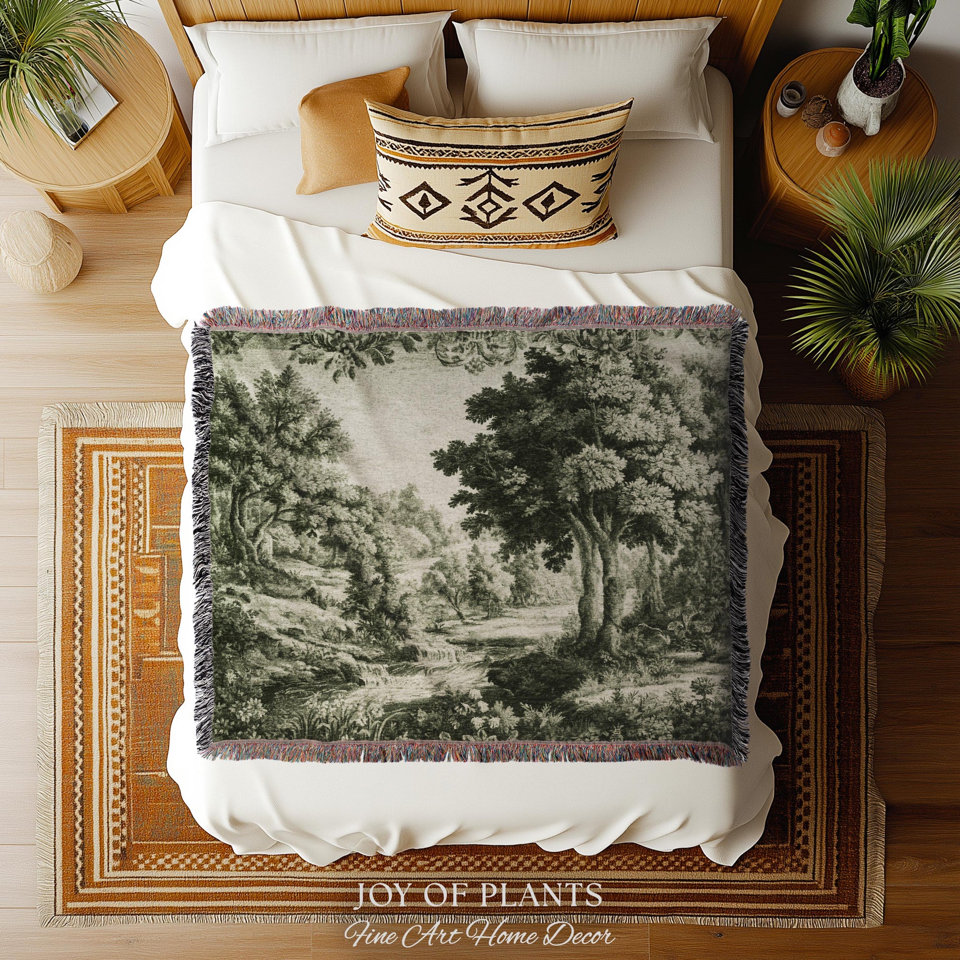 Mossy Passage Verdure Wall Tapestry | Pale Olive European Forest Woven Jacquard Throw Blanket Traditional Pastoral French Country Textile