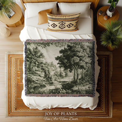 Mossy Passage Verdure Wall Tapestry | Pale Olive European Forest Woven Jacquard Throw Blanket Traditional Pastoral French Country Textile