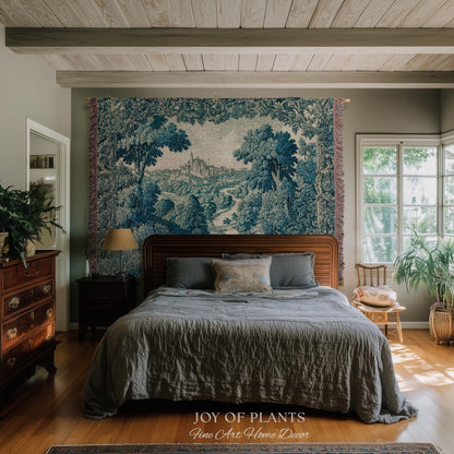 Faded Turquoise Landscape Tapestry | French Country Romantic Hilltop Castle Aubusson Countryside Estate Grandmillenial Chateau Traditional